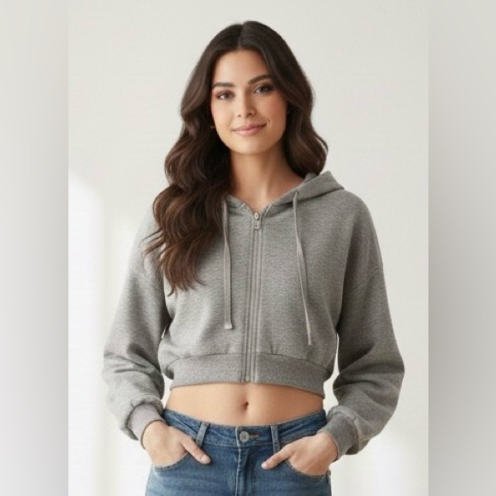 Sorella Gray Cropped Sweatshirt With Drawstring Hoodie, Side Pockets, Zipper, S